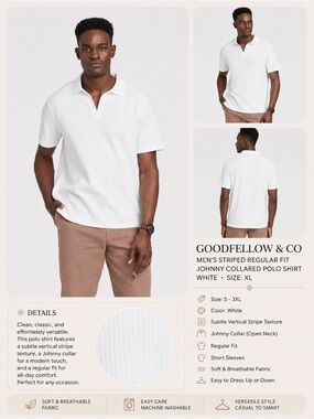 Goodfellow & Co White Johnny-Collar Polo Shirt - Men's